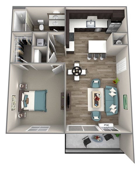 Floor plan for 1 bed, 1 bath, 715 sqft